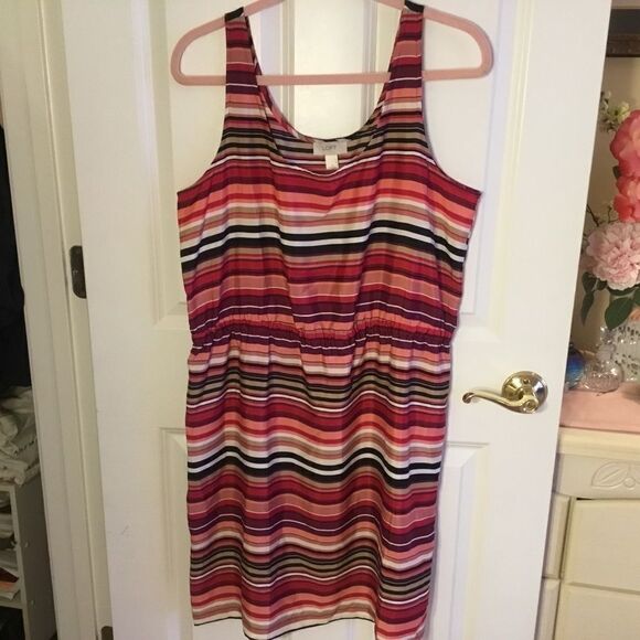 NWOT Loft Brand Women’s Striped Dress Sz. 14 in Reds, Pinks, Black - Picture 2 of 9